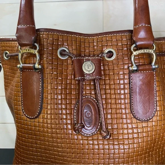 Vintage Pollini Purse Woven Italian Leather Tote Shoulder Bag Brown Brass - Picture 3 of 10